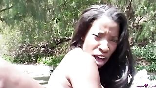 Black Tramp With Big Tits Outdoors Gets A Big Knob In Her Pierced Hairy Labia